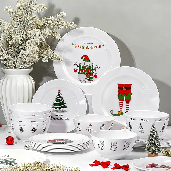 24 Pcs Christmas Melamine Dinnerware Set Service for 8 Guest 10 Dinner Plates 8 Salad Plates 3×6 Bowl Santa Snowman Reindeer Xmas Tree Festive Holiday Tableware for Family Party Gift