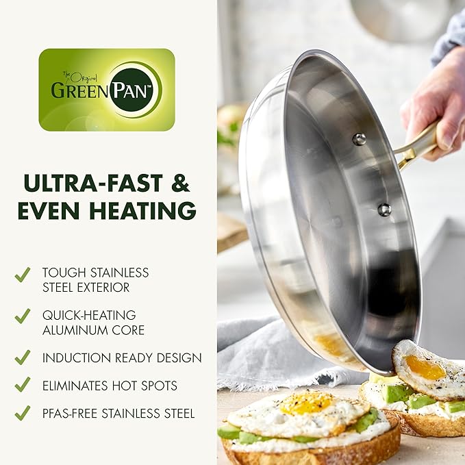 GreenPan Stainless Steel Cookware Set 11 Piece Induction Cookware Dishwasher Safe Oven Safe to 600F Large 8QT Stock Pot Sauce Saute Frying Pans Pots &amp Pans Kitchen Essentials Gold