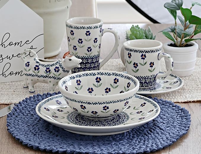 Blue Rose Polish Pottery - Blue Daisy 16 Piece Dinner Set - 4 Place Settings - Great for Everyday Dining Casual Dining or as Formal Dinnerware