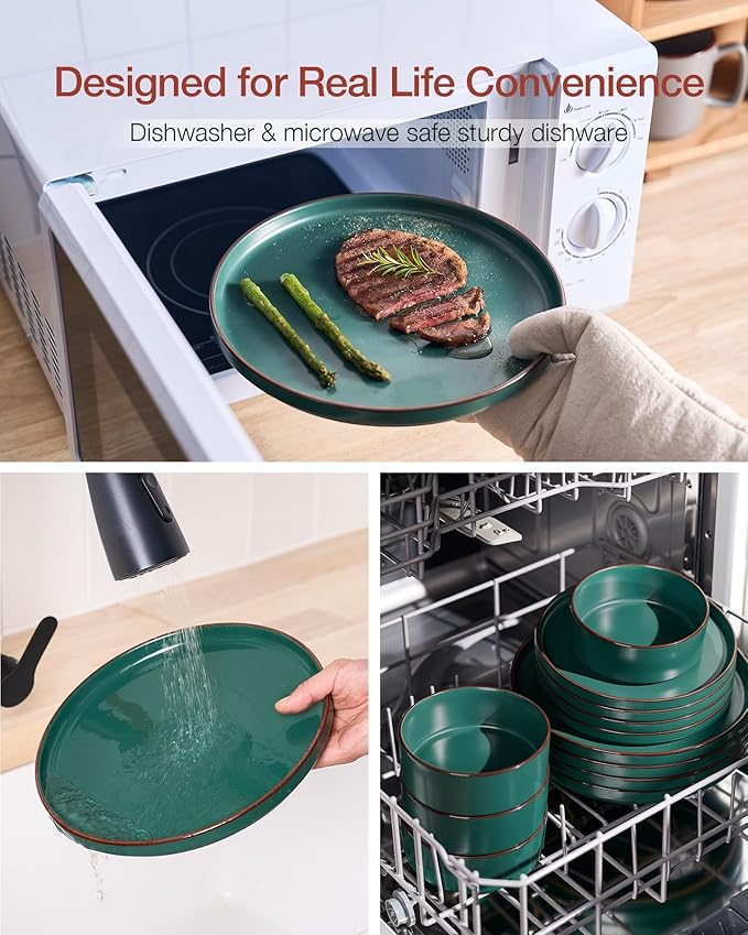 Famiware Nebula Ridge Stoneware Dinnerware Sets Plates and Bowls Sets for 4 12 Pieces Dishes Set Microwave and Dishwasher Safe Kitchen Plates Dark Green
