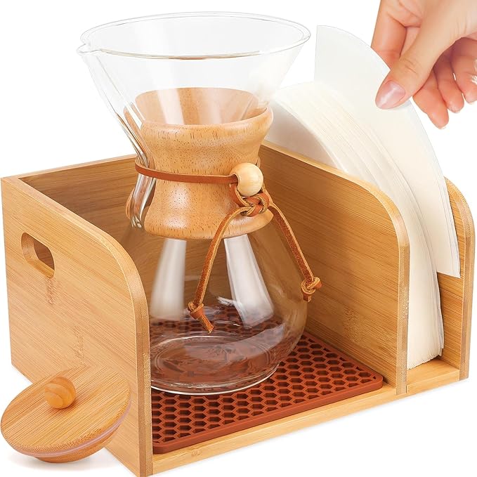 Bamboo Caddy with Lid &amp Heatproof Trivets Mat for Chemex CoffeeMakers - Designed for Chemex Pour - Over Glass Coffeemaker(3/5/6/8/10Cup) for Bodum Pour Over Coffee makers - Bamboo cup not include
