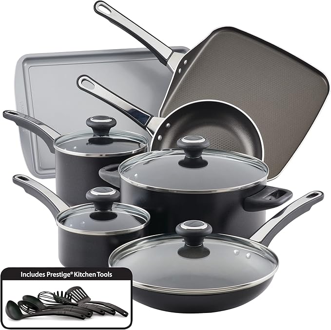 Farberware High Performance Nonstick Cookware Pots and Pans Set Dishwasher Safe 17 Piece Black