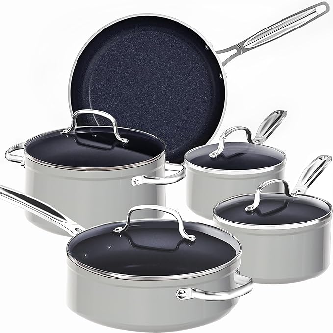 Nuwave 9pc Cookware Set Healthy Duralon Blue Ceramic Nonstick Coated Diamond Infused Scratch-Resistant PFAS Free Oven Safe Induction Ready &amp Evenly Heats Tempered Glass Lids &amp Stay-Cool H