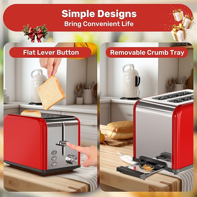 YSSOA Stainless Steel Toaster 2 Slice with Extra Wide Slot &amp Removable Crumb Tray 6 Shade Settings and Bagel/Defrost/Cancel Functions Compact Oven for Various Bread &amp Waffle Red New