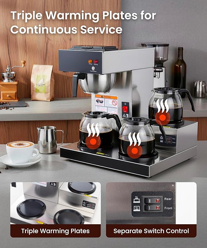 SYBO Commercial Coffee Maker 12 Cup Pour Over Drip Coffee Maker Brewer with 3 Lower Warmers Stainless Steel Cafetera