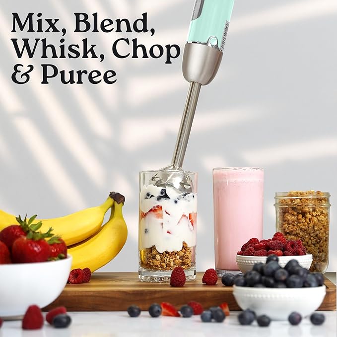 Zulay Immersion Stick Mixer Hand Blender - 800 Watts Turbo Mode 5-ft Power Electric Cord Handheld Portable Stainless Steel Blades - For Effortless Blending Smoothie Soup Baby Food Puree - Aqua