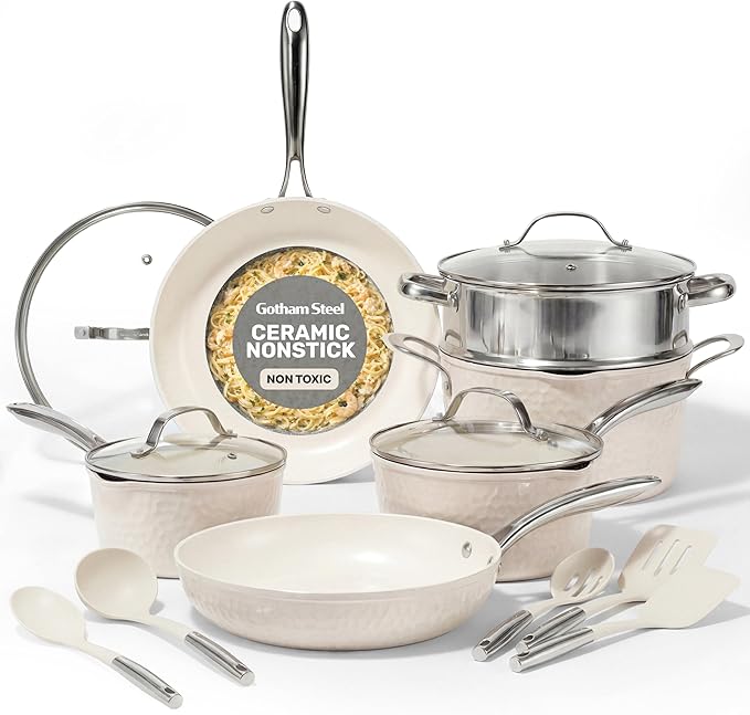 Gotham Steel Hammered 15 Pc Ceramic Cookware Set Nonstick Pots and Pans Set Non Stick with Induction Cookware Cooking Utensils &amp Steamer Non Toxic PFOA PFOS Free Oven &amp Dishwasher Safe