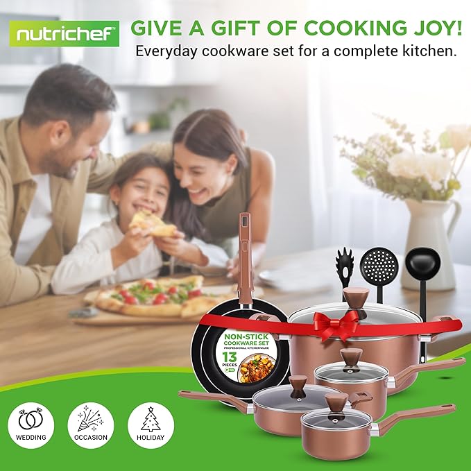 NutriChef Kitchenware Pots &amp Pans - Stylish Kitchen Cookware Set Non-Stick (13-Piece Set) Brown One Size (NCCWA13BR.5)