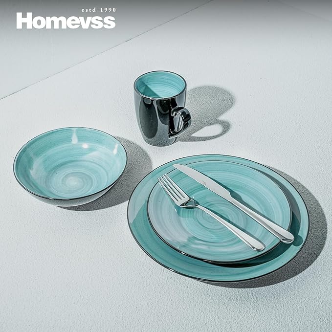 Sonoma 16 Piece Stoneware Dinner Set Outside Black + Inside Handpainted Color Turquoise with speckle