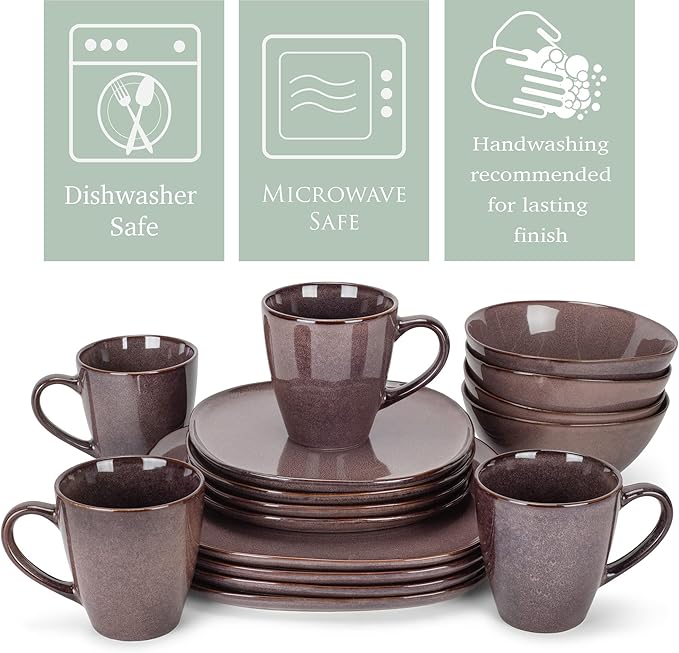 Elanze Designs 16-Piece Modern Luxury Chic Smooth Vintage Handmade Shape High Gloss Ceramic Stoneware Square Plate Mug &amp Bowl Kitchen Dinnerware 16 Piece Set - Service for 4 Plum Purple