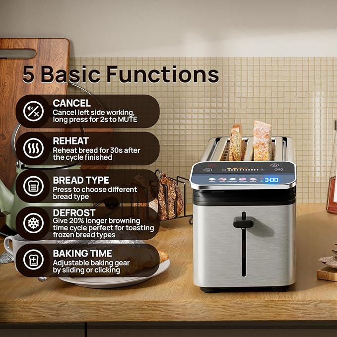 whall Toaster 2 Slice Touch Screen Toasters with Projection Display 1.5 Wide Slot 5 Bread Types &amp 11 Shade Settings Digital Timer Warming Rack Crumb Tray Reheat/Defrost Grey
