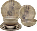 UPware 12 Piece Wood Grain Melamine Dinnerware Sets Outdoor Dishes Set Plates and Bowls Sets Service for 4 Brown