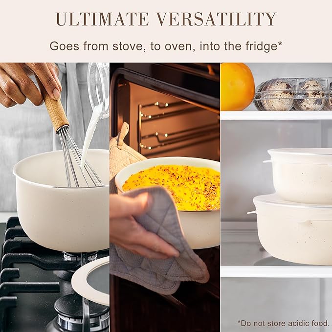 Nonstick Cookware Set - YIIFEEO Stackable Pots and Pans Set Detachable Handle Camping Cookware Granite Kitchen Cookware Sets Removable Handle Non Toxic Nonstick Frying Pans for Cooking Set Gift Beige