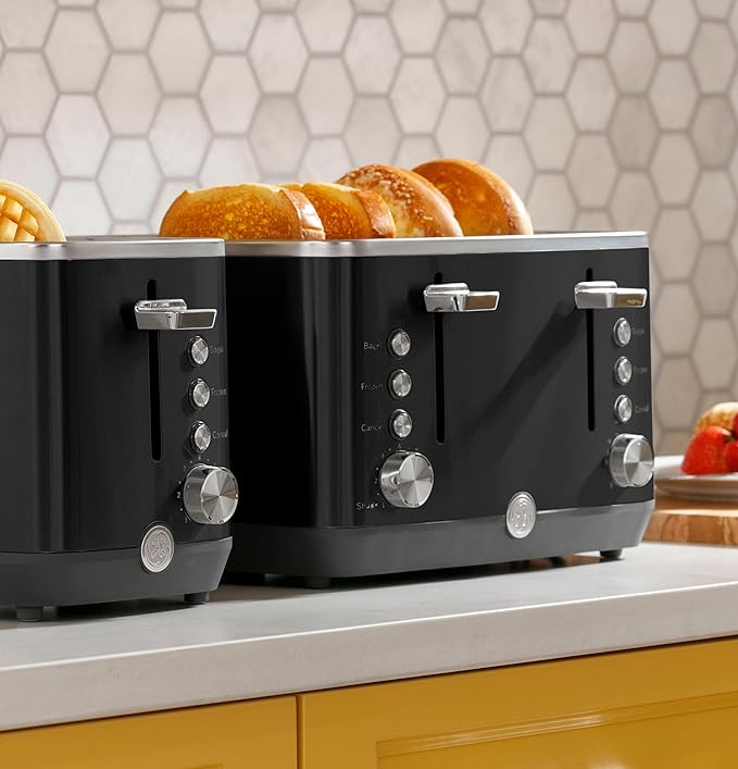 GE 2 Slice Black Stainless Steel Toaster Extra Wide Slots for Toasting Bagels Breads Waffles &amp More 7 Adjustable Shade Settings Removable Crumb Tray Countertop Kitchen Essentials 850 Watts