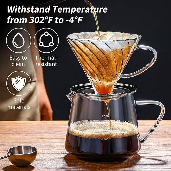 Unbreakable - Pour Over Coffee Maker 750ML/25OZ Heat Resistant Borosilicate Glass Dripper with Filter Holder BPA-Free Manual Coffee Brewer for Home and Office Use