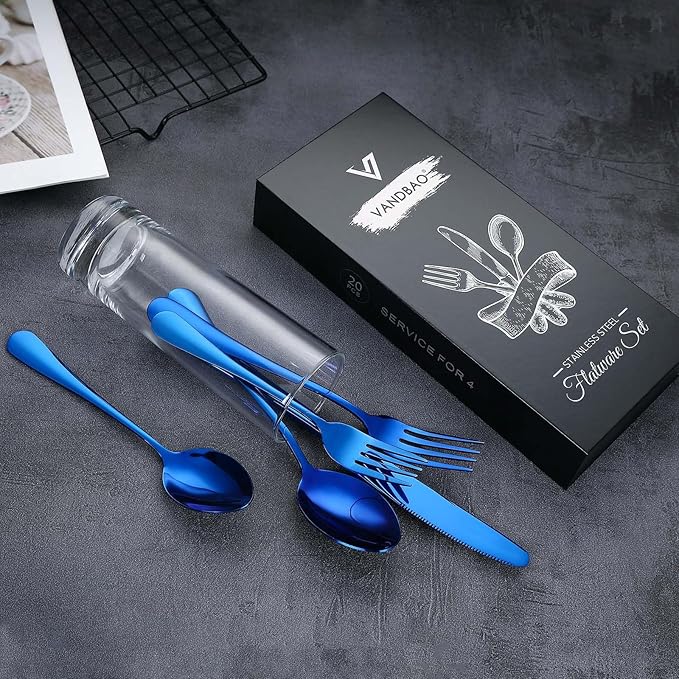 Blue Silverware Set Flatware Cutlery - 20 Pieces Stainless Steel Tableware Set Service for 4Include Fork Knife SpoonMirror PolishedDishwasher Safe