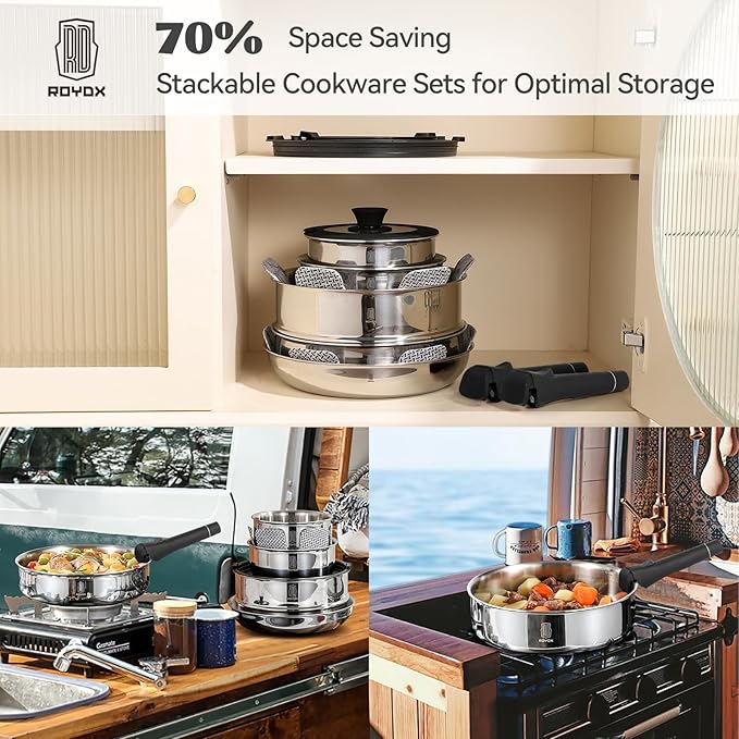 ROYDX16 PCS Pots and Pans Set18/10 Stainless Steel Cookware Set with Adjustable Detachable Handles for RVhome Dishwasher Safe and Oven Safe