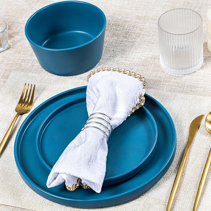 Plates and Bowls Sets for 4 - CJDC-QUELO 16 Piece Stoneware Dinnerware Sets with Mugs Ceramic Dishware Sets for Kitchen Dining Use Chip and Scratch Resistant Microwave Dishwasher Safe Blue