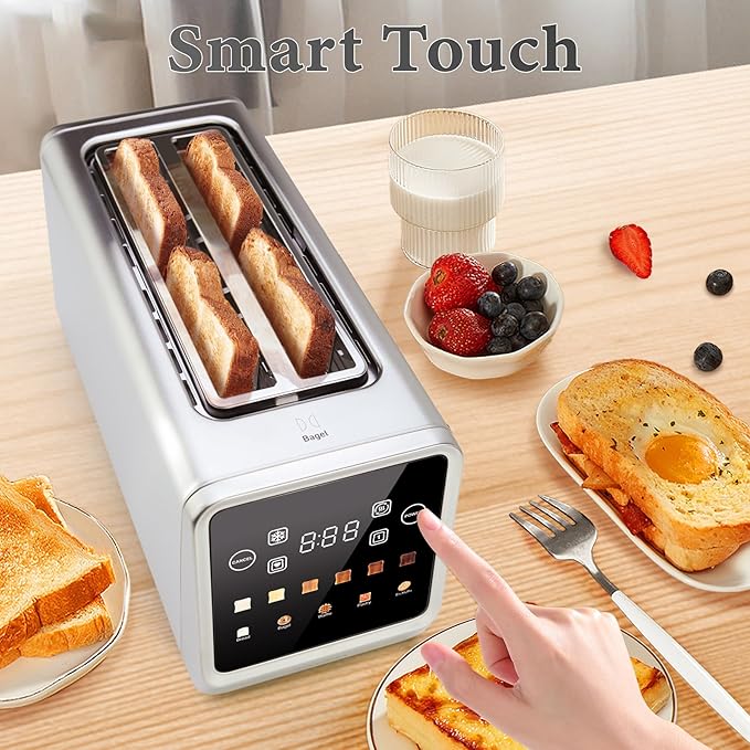 Long Slot Toaster 4 Slice Touch Screen LED Display 1.5” Extra Wide Slots for Thick Bread &amp Bagels Countdown Timer Memory Function Dual Independent Control 6 Shade Settings Stainless Steel