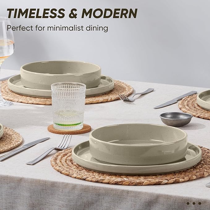 E-far 16-Piece Plates and Bowls Sets - Stoneware Dinnerware Sets with Pasta Bowls for 4 | Microwave &amp Dishwasher Safe Kitchen Modern Dish Set Speckled Khaki