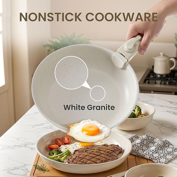 YSSOA 12Pcs Pots and Pans Set Nonstick Cookware Sets White Granite Induction Cookware with Detachable Handle Oven Safe PFAS and PFOA Free Beige