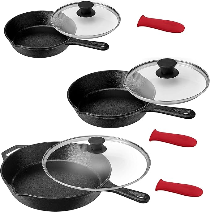 9-Piece Cast Iron Skillet Set with Lids 6/8/10 Inch Skillets &amp Red Silicone Holders Stovetop Oven Grill Multipurpose Cast Iron Cookware Set