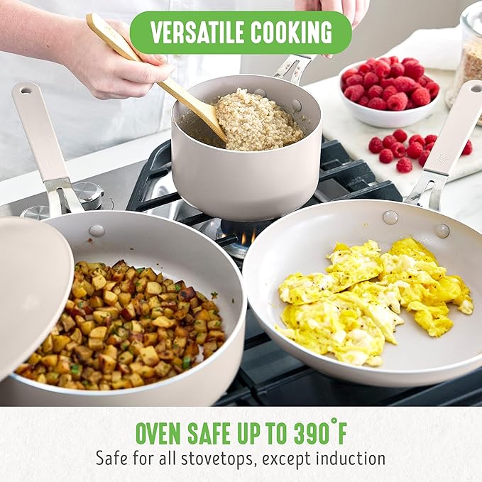 GreenLife 10-Piece Nonstick Ceramic Cookware Set Lightweight Healthy PFAS-Free Pots &amp Pans with Lids Dishwasher &amp Oven Safe Durable Body Silicone Stay-Cool Handles Easy Release Taupe