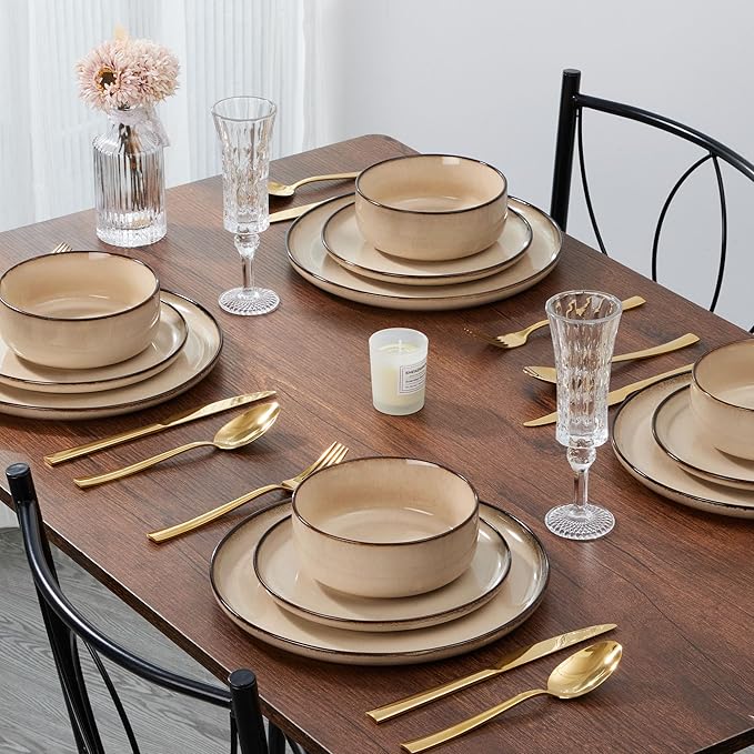 E-far 6-Piece Plates and Bowls Set Stoneware Dinnerware Sets for 2 Reactive Glaze Ceramic Dinning Ware Dishes Microwave &amp Dishwasher Safe - Sandy Beige