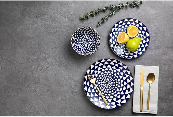12-Piece Ceramic Dinnerware Set for 4 Plates and Bowls Microwave and Dishwasher Safe (Blue and White)