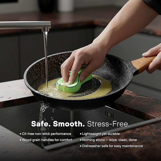 KOCHSTELLE 7-Piece Granite Cookware Set with Lids | Non-Stick Aluminum Pots and Pans Set with Wood Handles | Ceramic Pan Set + 3-Piece Silicone Utensils | Durable Cooking Set