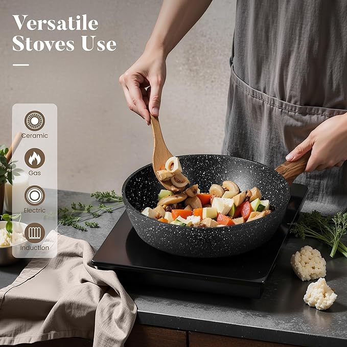 Kitchen Academy 12 Piece Pots and Pans Set Non Stick Cookware Sets Healthy Black Granite Induction Kitchen Cookware (PFAS PFOA PFOS Free)