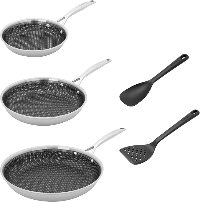 HENCKELS Paradigm 5-pc Cookware Set Nonstick Frying Pan and Silicone Utensil Set 3-Ply Stainless Steel Skillets for Induction Cooktop Gas &amp Electric Stovetops – Dishwasher Safe &amp Oven Safe