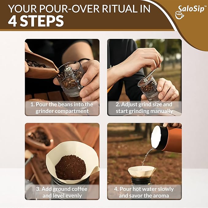 4-in-1 Portable Manual Pour Over Coffee Maker with Grinder – Travel &amp Camping Pour Over Set – All-in-One Portable Coffee Brewer Kit with Stainless Steel Kettle Thermal Mug &amp Dripper
