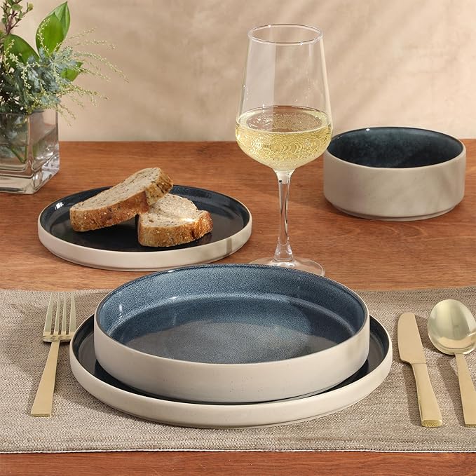 Gibson Elite Liberty Bay 16-Piece Pottery Clay Stoneware Dinnerware Set – Blue Reactive Glaze Stackable Plates and Bowls W/Pasta Bowl Service for 4 – Microwave &amp Dishwasher Safe