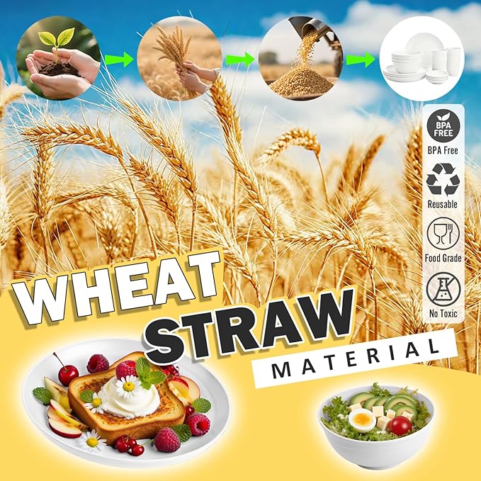 Wheat Straw Plates and Bowls Sets of 16Unbreakable Dinnerware Sets for 4 Microwave &amp Dishwasher Safe Kids Dish Set for Kitchen Outdoor Camping Party RV- White
