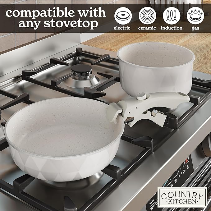 Country Kitchen Cookware Set with Removable Handle Oven &amp RV Safe Pots and Pans Set Cream Diamond Original