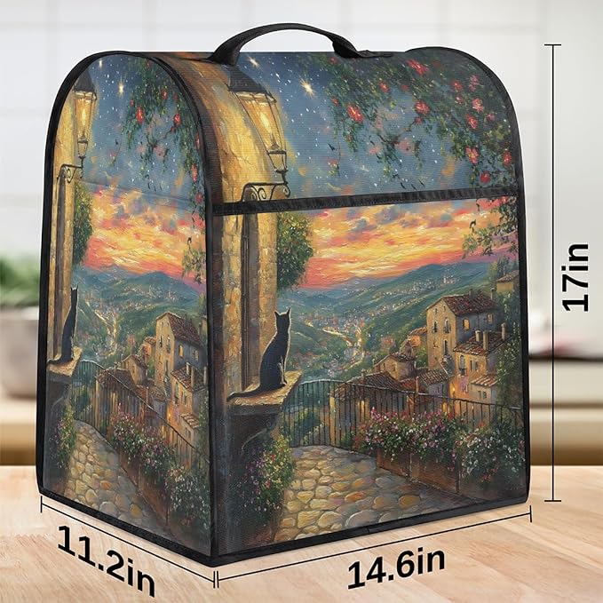 Kitchen Aid Mixer Cover Light Night Scene Cat Flower Stand Mixer Cover Compatible with 6-8 Quarts Stand Mixers Dust Covers with Zipper Pocket Foldable Washable Kitchen Aid Organizer Bag