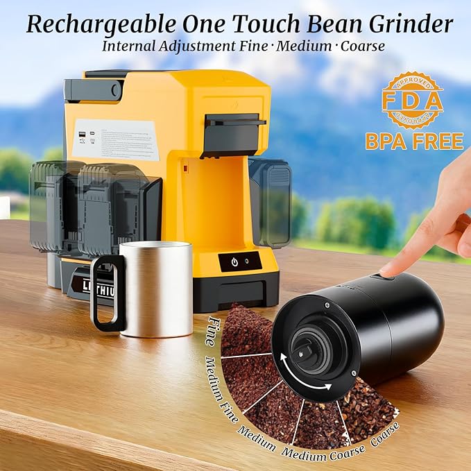 Cordless Coffee Maker for Dewalt 20V MAX Battery 3 Brewing Options Drip Coffee Maker with Coffee Grinder Portable Single Serve Coffee Makers for Camping Travel and Jobsite. (Tool Only)