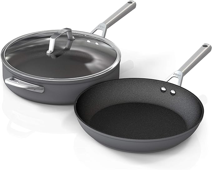 Ninja C33000 Foodi NeverStick Premium 3-Piece Cookware Set 12-Inch Fry Pan 5-Quart Sauté Pan with Glass Lid Hard-Anodized Nonstick Durable &amp Oven Safe to 500°F Slate Grey