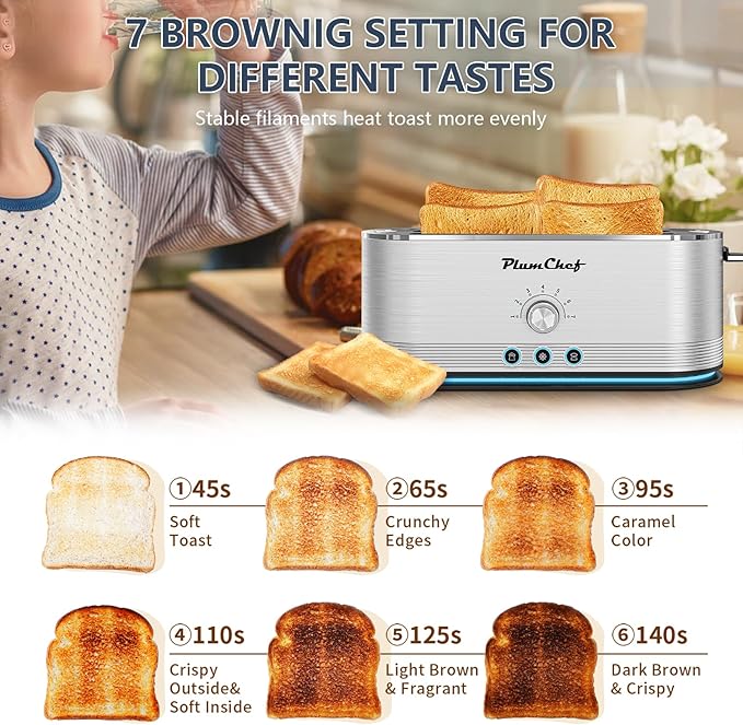 4-Slice Toaster 7 Browning Settings Defrost/Reheat Functions Removable Crumb Tray Full body Stainless Steel Housing 1400W Anti-Fingerprint &amp Anti-Jam(stainless steel)