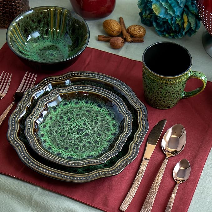 Elama Stoneware Round Oval Dinnerware Dish Set Jade Green