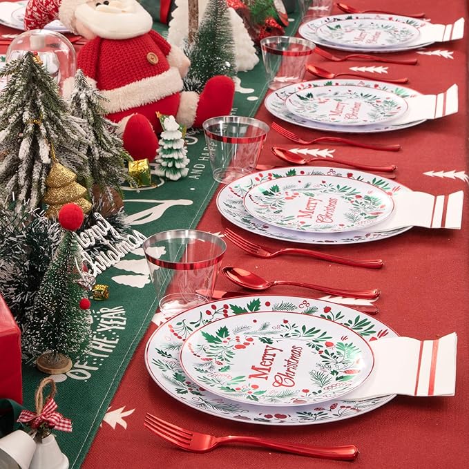 bUCLA 175PCS Christmas Plates Dinnerware Set - Green and Red Christmas Plastic Plates and Napkins Disposable Include 25 Dinner Plates25 Dessert Plates75 Cutlery25 Cups&amp25 Napkins