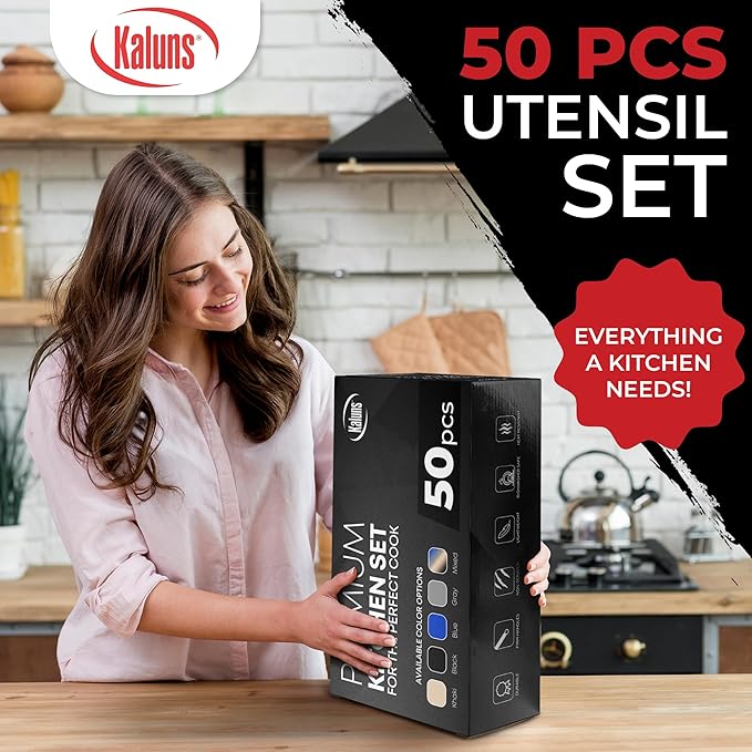 Kaluns 50 PCS Silicone Kitchen Utensils Set Complete Kitchen Set - 800°F Heat Resistant Non-Stick Premium Cooking Utensils W Wooden Handles - Can Opener Masher Turner Silicone Spatula Set
