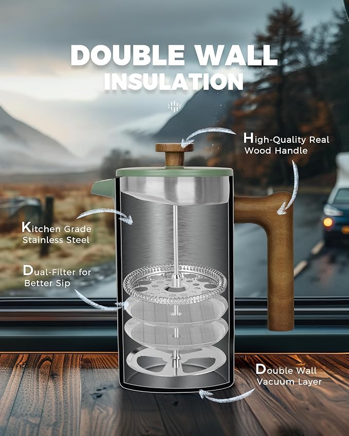 POLIVIAR French Press Coffee Maker 34 oz Coffee Press with Real Wood Handle Double Wall Insulation &amp Dual-Filter Screen Food Grade Stainless Steel for Good Coffe and Tea (Flatland)