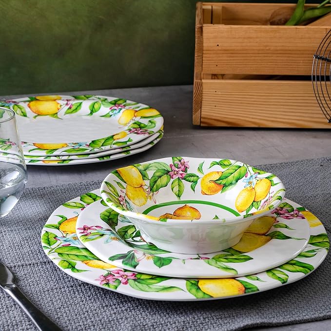 LEHAHA Melamine Dinner Plate Set of 6 11” inch Lemon Plates Set BPA Free Lightweight and Break Resistant Great for Parties RVs Picnic and Camping Trailer Dishwasher Safe