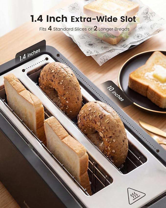 4 Slice Toaster Long Slot Touch Screen Retro Toaster with Digital Countdown Extra-Wide Slots for Bagels &amp Artisan Bread 6 Browning Levels 5 Bread Modes Defrost Reheat Cancel Stainless Steel