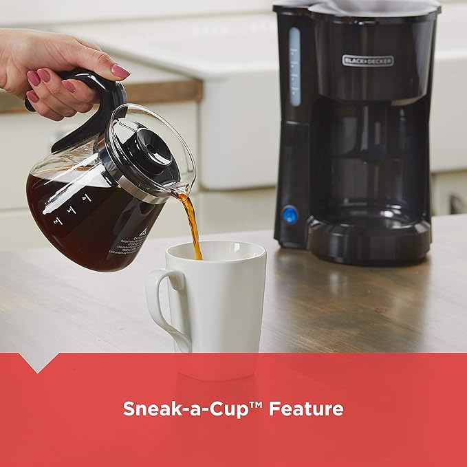 BLACK+DECKER 5-Cup Coffee Maker with On/Off Switch Sneak-A-Cup Feature and Easy-View Water Window Black