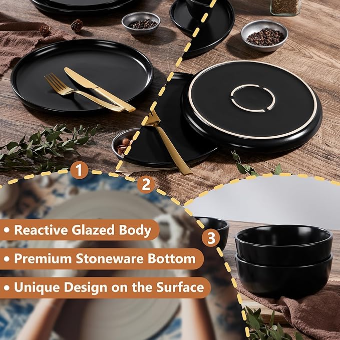 Vesteel Dinnerware Sets for 4 12Pcs Premium Plates and Bowls Set Farmhouse Handmade Stoneware Sets for Home Restaurant Microwave &amp Dishwasher Safe Matte Blue