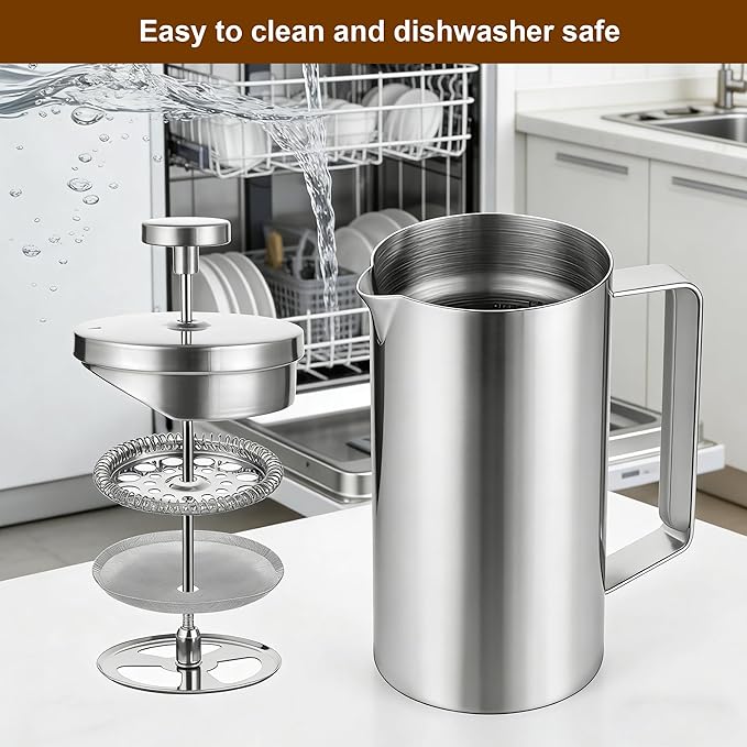 small French Press Coffee Maker 600ml Double-Wall Insulated French Press Coffee Press Stainless Steel for travel camping Silicone handle (2-4cup 20 OZ) silver