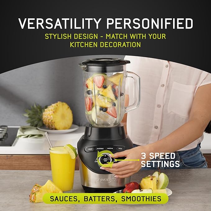 Universal 1500 Peak Watt Turbo Elite Max Blender 71oz - 9-cup / 2.1 Liter Glass Pitcher 3 Speed Settings with Powerful 6 Stainless Steel Blades Premium Blender for Smoothies Domestic Use
